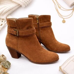 Sam Edelman Lynne Cognac Suede Ankle Booties Block Heel Buckle Zip Sz 8
